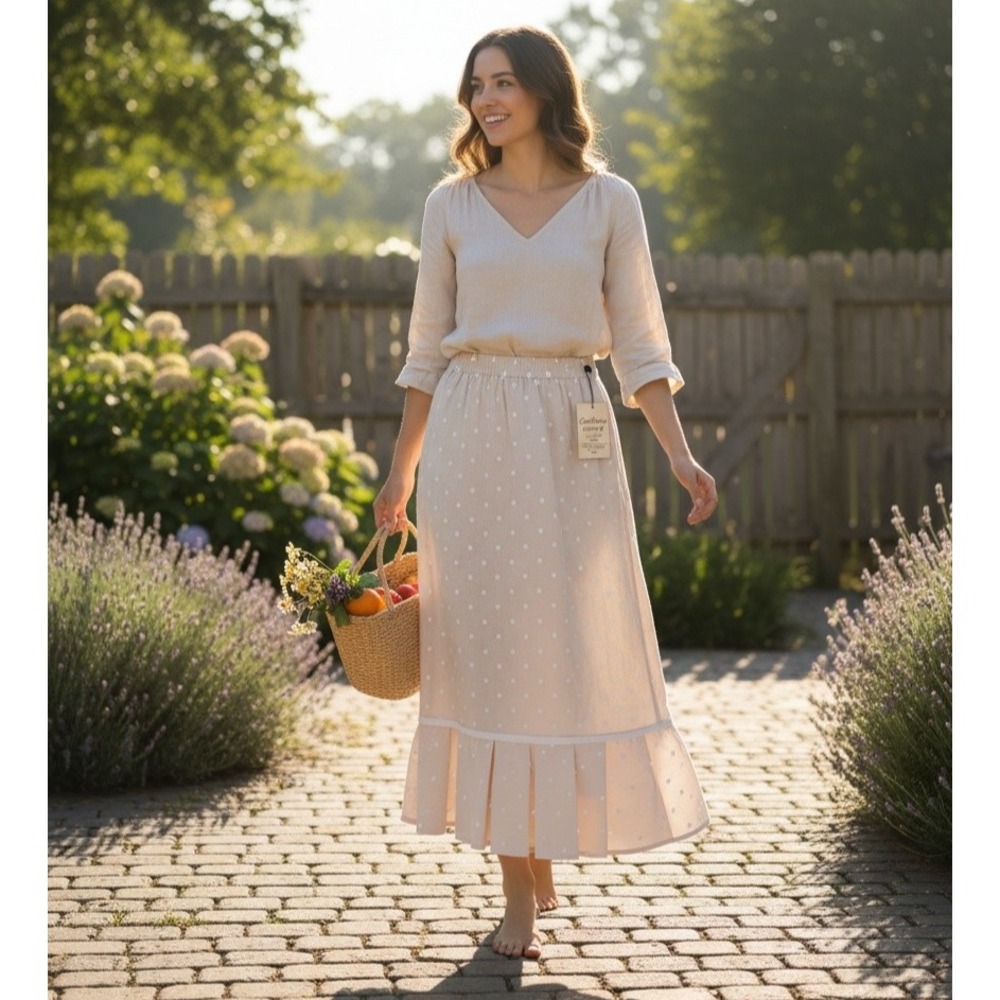 Cottage Clothing 100% Linen Polka Dot Ruffle Skirt Elastic Waist – Small